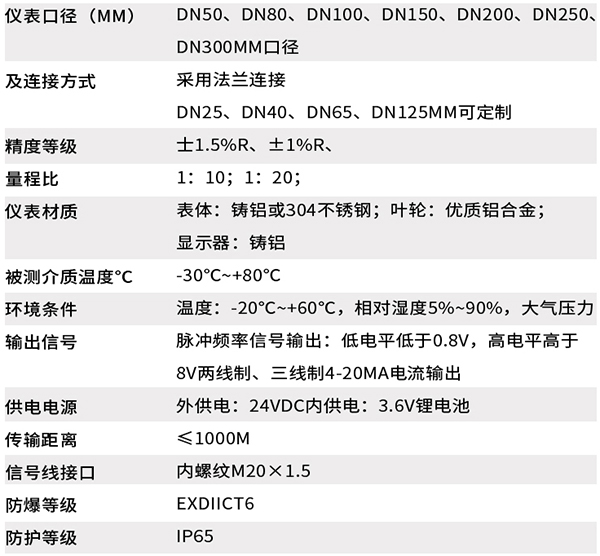 焦爐煤氣流量計技術(shù)參數對照表